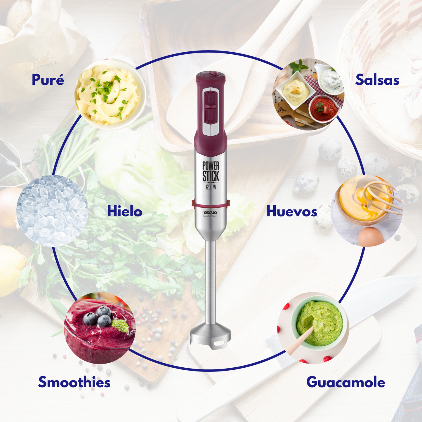 Power Stick batidora de mano de máximo rendimiento. 1200W, cuchilla de titanio y 4 hojas, mango smart soft de silicona, velocidades normal y turbo.