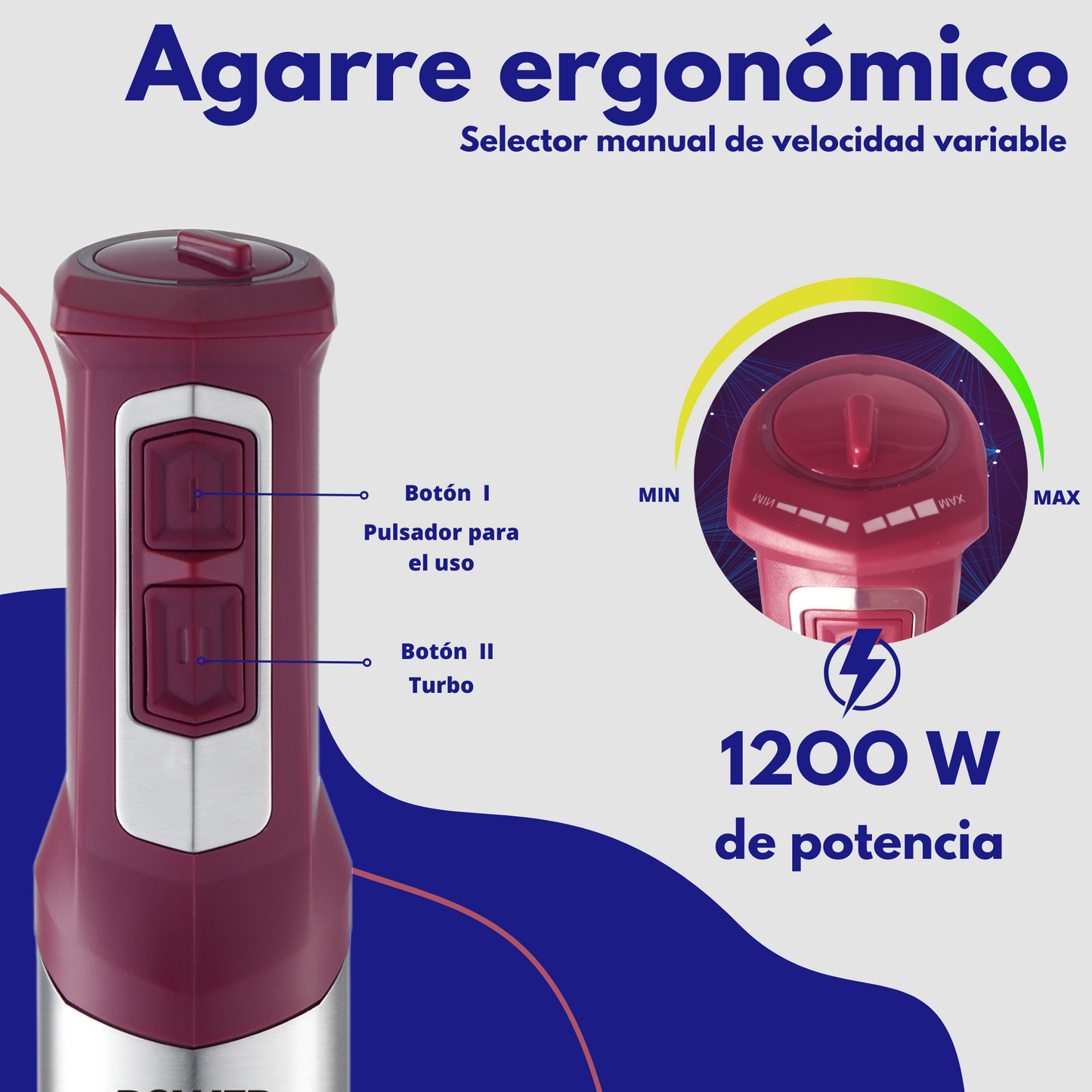 Power Stick batidora de mano de máximo rendimiento. 1200W, cuchilla de titanio y 4 hojas, mango smart soft de silicona, velocidades normal y turbo.