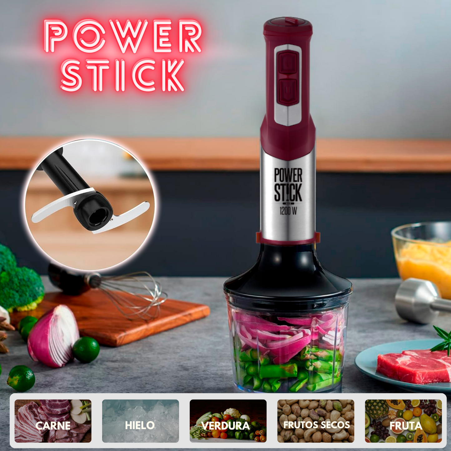 Power Stick batidora de mano de máximo rendimiento. 1200W, cuchilla de titanio y 4 hojas, mango smart soft de silicona, velocidades normal y turbo.