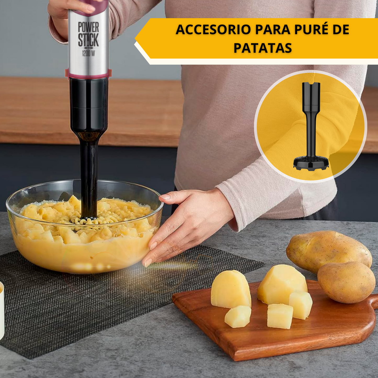 Power Stick batidora de mano de máximo rendimiento. 1200W, cuchilla de titanio y 4 hojas, mango smart soft de silicona, velocidades normal y turbo.