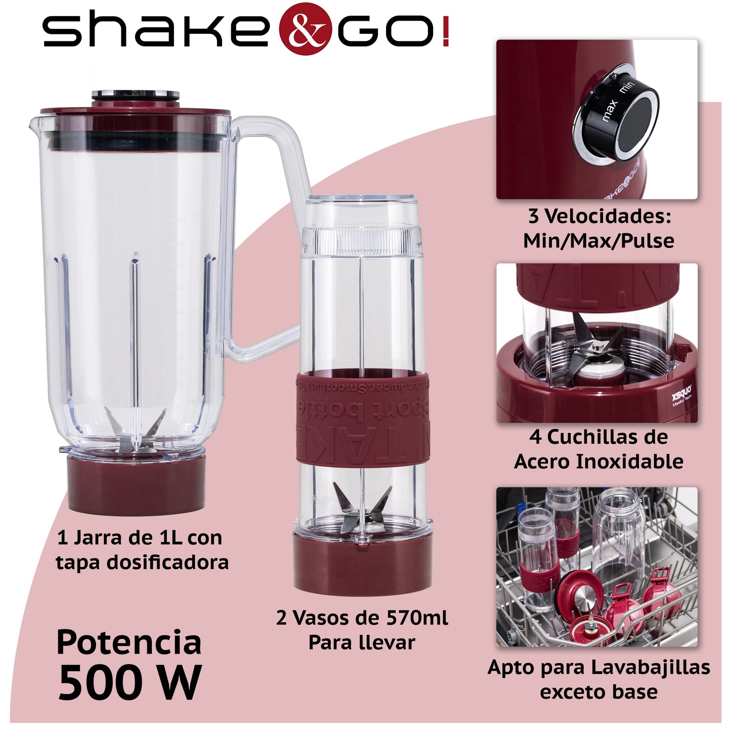 Shake & Go – Mini Batidora Personal 3 en 1 con Botellas Portátiles (500W)