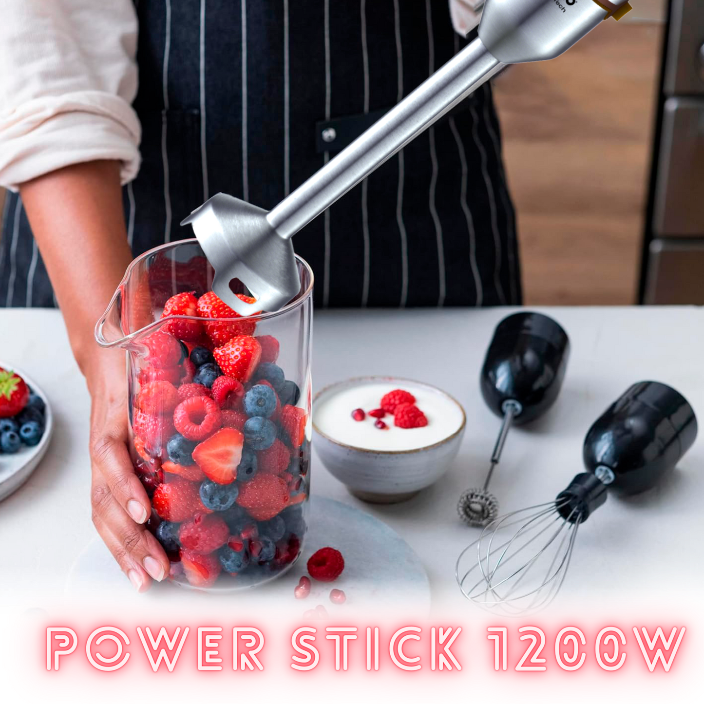 Power Stick batidora de mano de máximo rendimiento. 1200W, cuchilla de titanio y 4 hojas, mango smart soft de silicona, velocidades normal y turbo.
