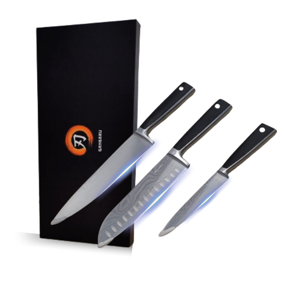 Set of 3 high-carbon steel Japanese kitchen knives. Professional kitchen knives with gift box.