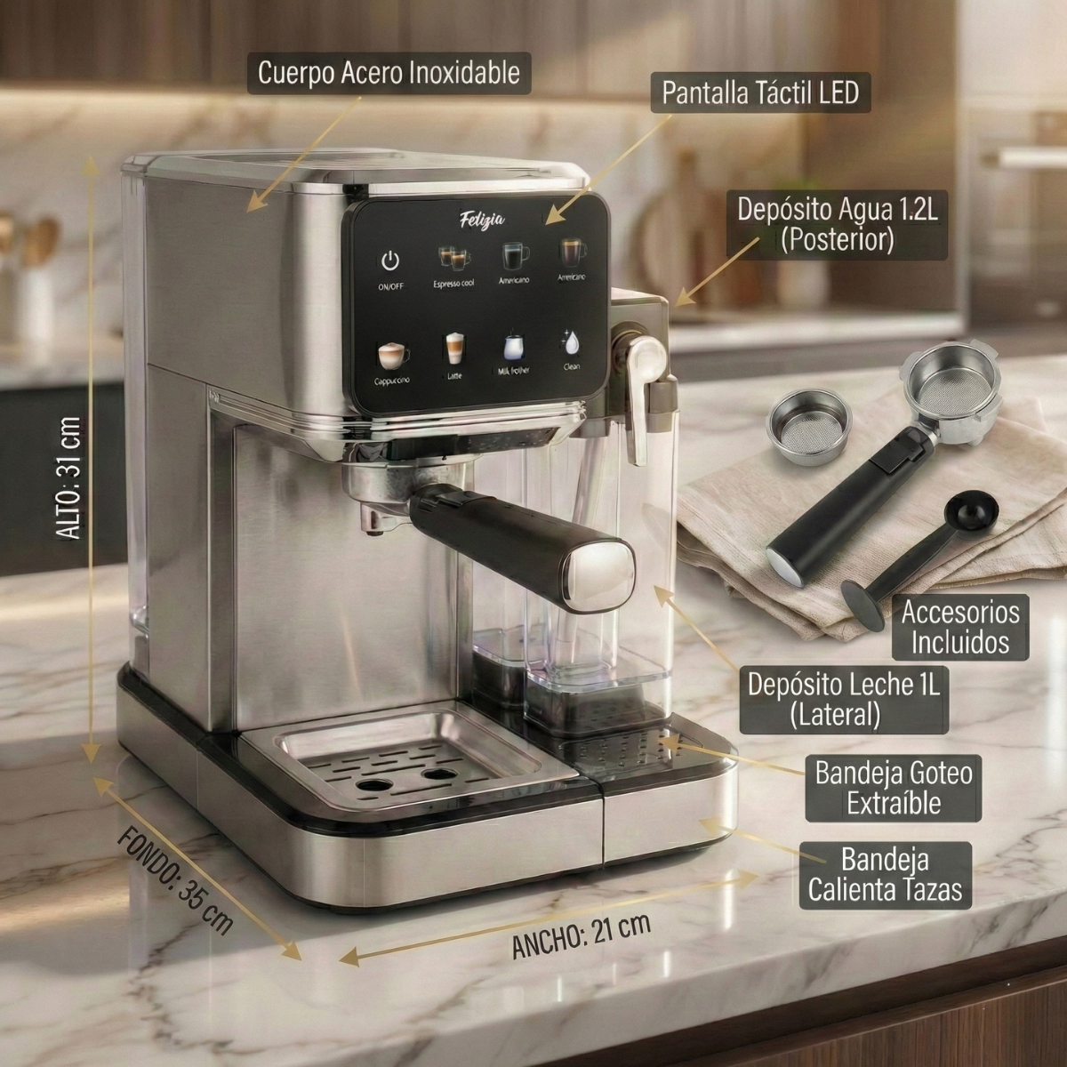 Felizia Latte - Cafetera Espresso Semiautomática 20 Bares