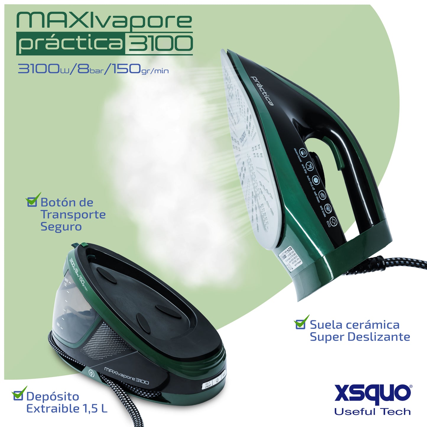 Centro de planchado 3100W Maxi Vapore-8 bares potencia - Plancha profesional y potente de vapor (REACONDICIONADO)