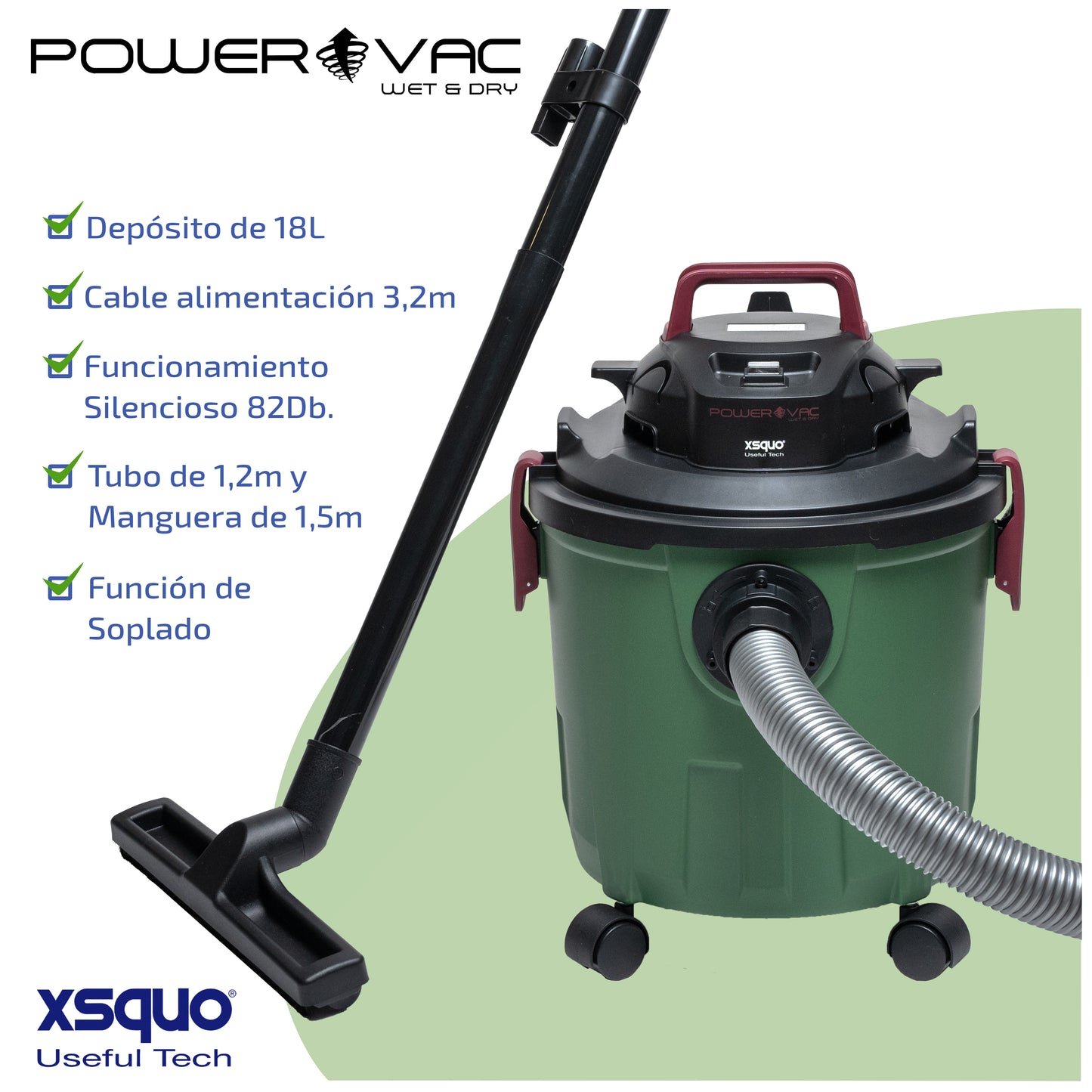 Power Vac Plus Aspiradora de sólidos y líquidos, Wet & Dry, con función soplado 1200w, aspiración 19kpa, soplado 16 m2/min, capacidad 1.8 Litros, carcasa anti impactos. Fácil desplazamiento.