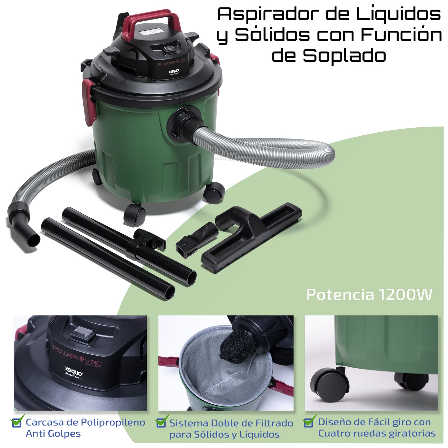 Power Vac Plus Aspiradora de sólidos y líquidos, Wet & Dry, con función soplado 1200w, aspiración 19kpa, soplado 16 m2/min, capacidad 1.8 Litros, carcasa anti impactos. Fácil desplazamiento.